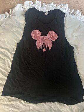Black Tank with Pink Glitter Mickey Ear Graphic